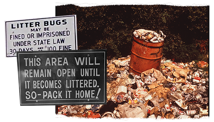 A collage of thre photos; one showing a trash barrel overflowing with litter; and two anti-litter signs.